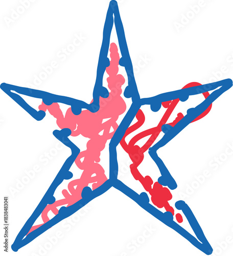 Childlike hand drawn star with red and blue lines