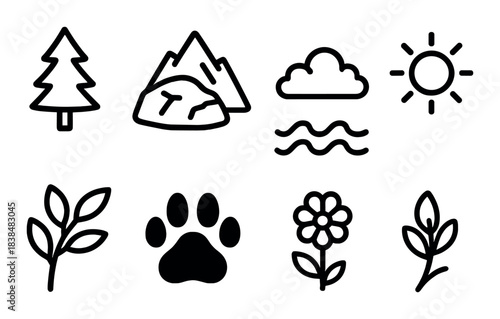 Nature icons: tree, mountain, cloud, sun, leaf, paw, flower, bud silhouettes on dark background