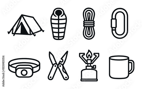 Essential camping gear icons: tent, sleeping bag, rope, carabiner, headlamp, knife, stove, mug