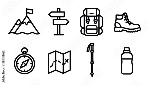Hiking icons: mountain, signpost, backpack, boots, compass, map, trekking pole, water bottle