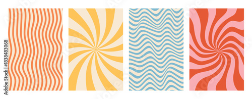 Groovy abstract backgrounds set. Retro 60s 70s swirl and wavy lines wallpapers. Funky twisted psychedelic textures. Y2K aesthetic.