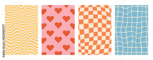 Abstract groovy backgrounds set. Retro warm-tone swirl, heart, warped checkerboard and wavy line patterns. Psychedelic 70s design in Y2K style.