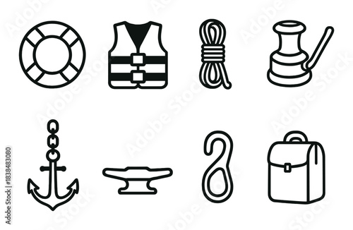 Nautical icons: life buoy, vest, rope, winch, anchor, cleat, hook, bag