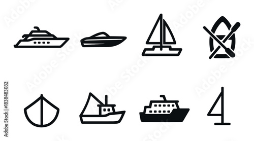 Silhouette icons of various boats on black background
