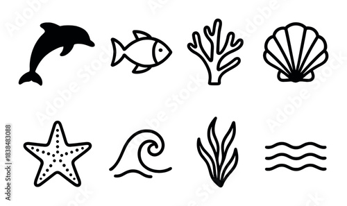 Marine life silhouettes: dolphin, fish, coral, seashell, starfish, wave, seaweed