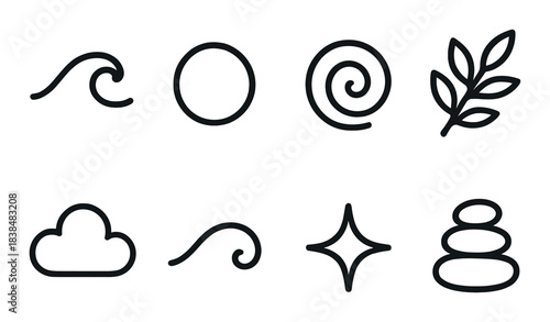 Minimalist zen symbols: nature elements and harmony icons on dark background
