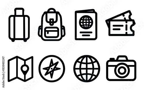 Travel icons: luggage, backpack, passport, tickets, map, compass, globe, camera