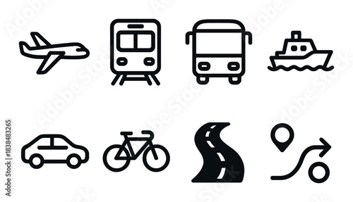 Transportation icons: plane, train, bus, ship, car, bicycle, road, navigation