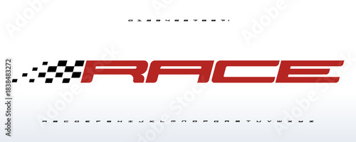 Race Font Logo Alphabet Vector Wide Geometric Letters Modern Typography, Bold Extended Typographic Design Title Text, Typo Poster Headline, Type Symbol Logotype, Sans Serif Fonts. Vector Typeface