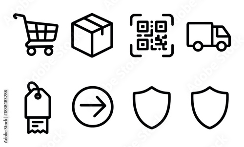 Minimalist e-commerce icons: shopping cart, box, qr code, delivery truck, price tag, arrow, shields