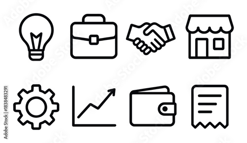 Icon set featuring business, finance, and technology symbols on dark background