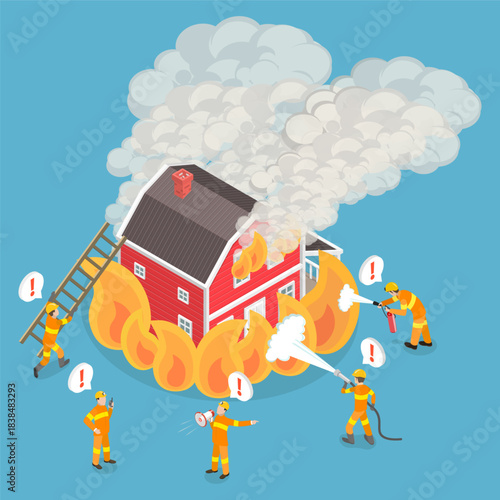 3D Isometric Flat Vector Illustration of Fire Emergency, Firefighters Working Together To Extinguish Large House Fire With Fire Truck Support