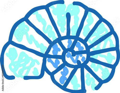 Blue ammonite shell drawing illustration on white background