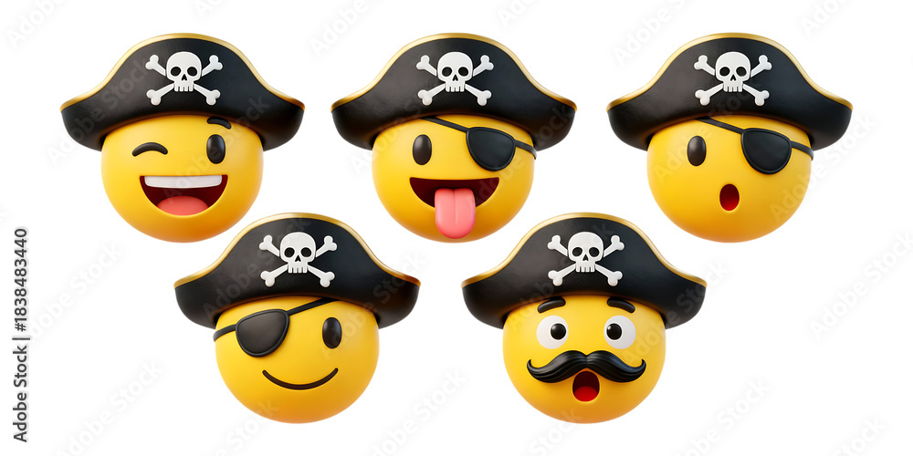 Fototapeta premium Diverse 3D pirate emoticons showcasing a range of funny expressions isolated on transparent background