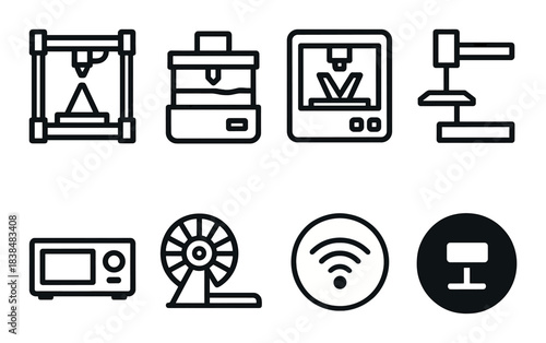Black and white icons of 3d printing technology with glow highlighting wireless connectivity