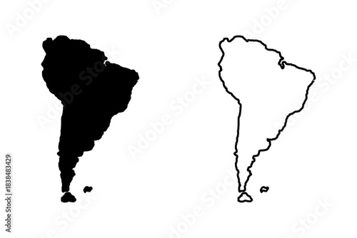 Stylized Abstract Solid and Outline Map of the Continent South America. Vector Image.