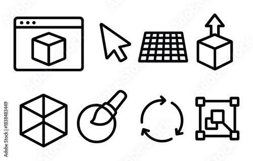 3d software tool icons: cube, pointer, grid, arrow, paint, cycle, nodes
