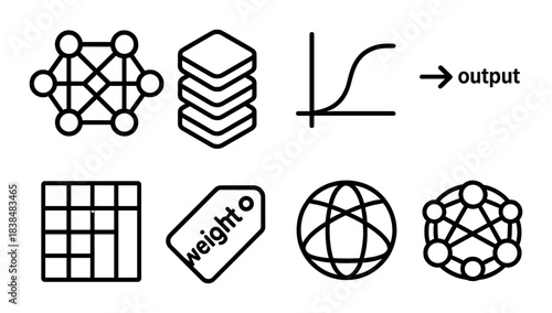 Neural network icons: machine learning, ai, technology, data processing symbols