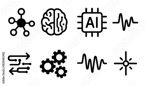 Artificial intelligence and technology icons: ai, brain, circuit, gears, signal