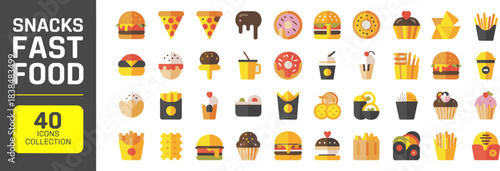 Flat Design Snack and Fast Food Icons: A Vector Collection of 40 Delicious and Modern Illustrations for Web, Mobile App, and Graphic Design Projects.