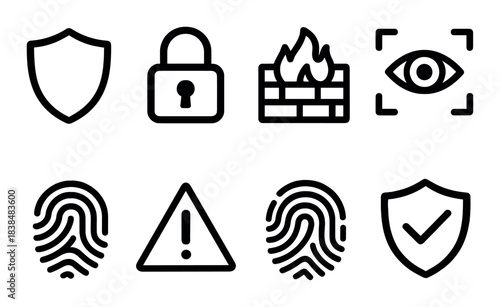 Cybersecurity icons: shield, lock, firewall, and biometrics symbols