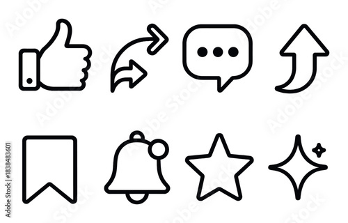 Set of social media icons including thumbs up, share, and notification bell