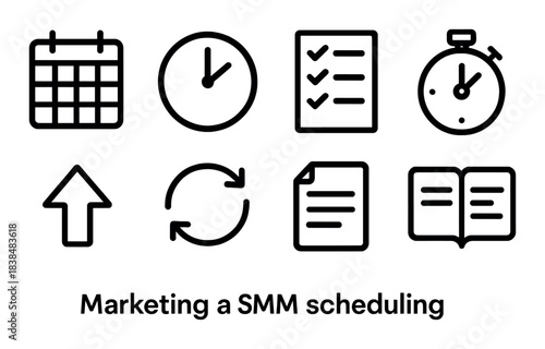 Social media management icons: calendar, clock, checklist, stopwatch, arrow, sync, document, open book