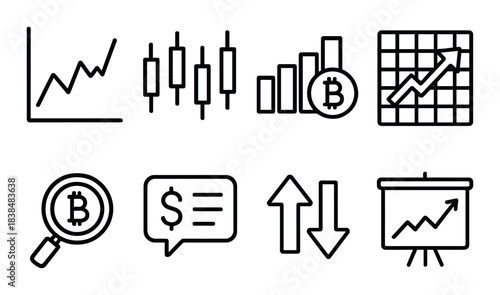 Cryptocurrency analysis icons: graphs, bitcoin, charts, investment, market trends