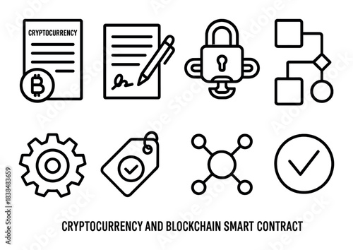 Cryptocurrency and blockchain smart contract icons set on dark background