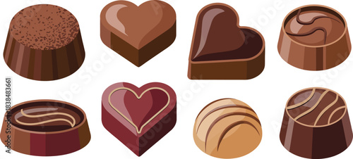 Collection of delicious chocolate pralines in various shapes, gourmet confectionery assortment
