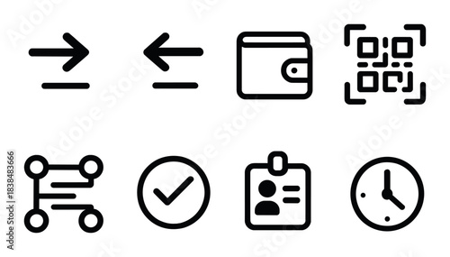 Icon set: arrows, wallet, qr code, network, checkmark, id badge, clock