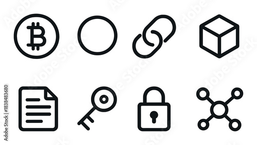 Blockchain elements: bitcoin, link, encryption, document, key, lock, cube, network icons