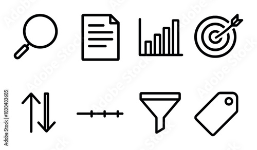 Business and data analytics icons - magnifying glass, document, chart, target, arrows, scale, funnel, tag
