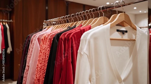 Fashion apparel hanging on racks in a clothing store retail environment