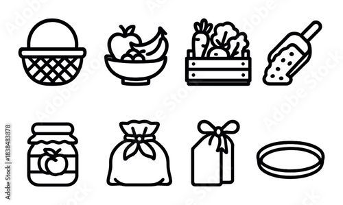 Variety of food storage icons featuring basket, bowl, crate, and other vessels