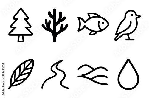 Minimalist nature icons set featuring tree, fish, bird, leaf, and water drop designs