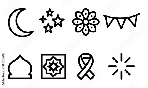 Minimalistic ramadan and eid icons: crescent, stars, lanterns, ribbons, and mosque outline