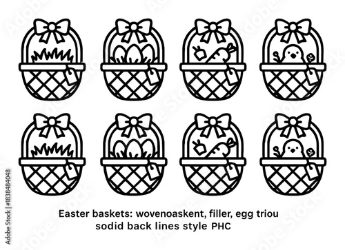 Set of easter basket icons with eggs and decorations outline style