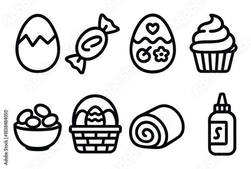 Easter icons: eggs, candy, cupcake, basket, roll, sauce bottle