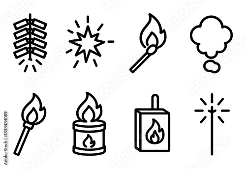 Fireworks rocket and flame icon set on dark background