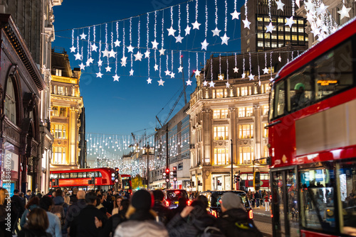 London Oxford Street Christmas star lights night scene
