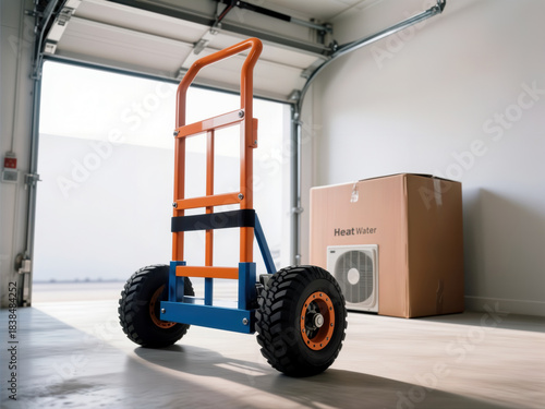 Orange hand truck standing next to appliance box near open warehouse door.