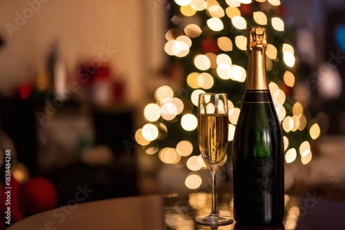 Elegant holiday scene featuring a bottle of champagne and a filled glass placed on a reflective table, with warm bokeh Christmas lights glowing softly in the background. The festive ambiance creates a