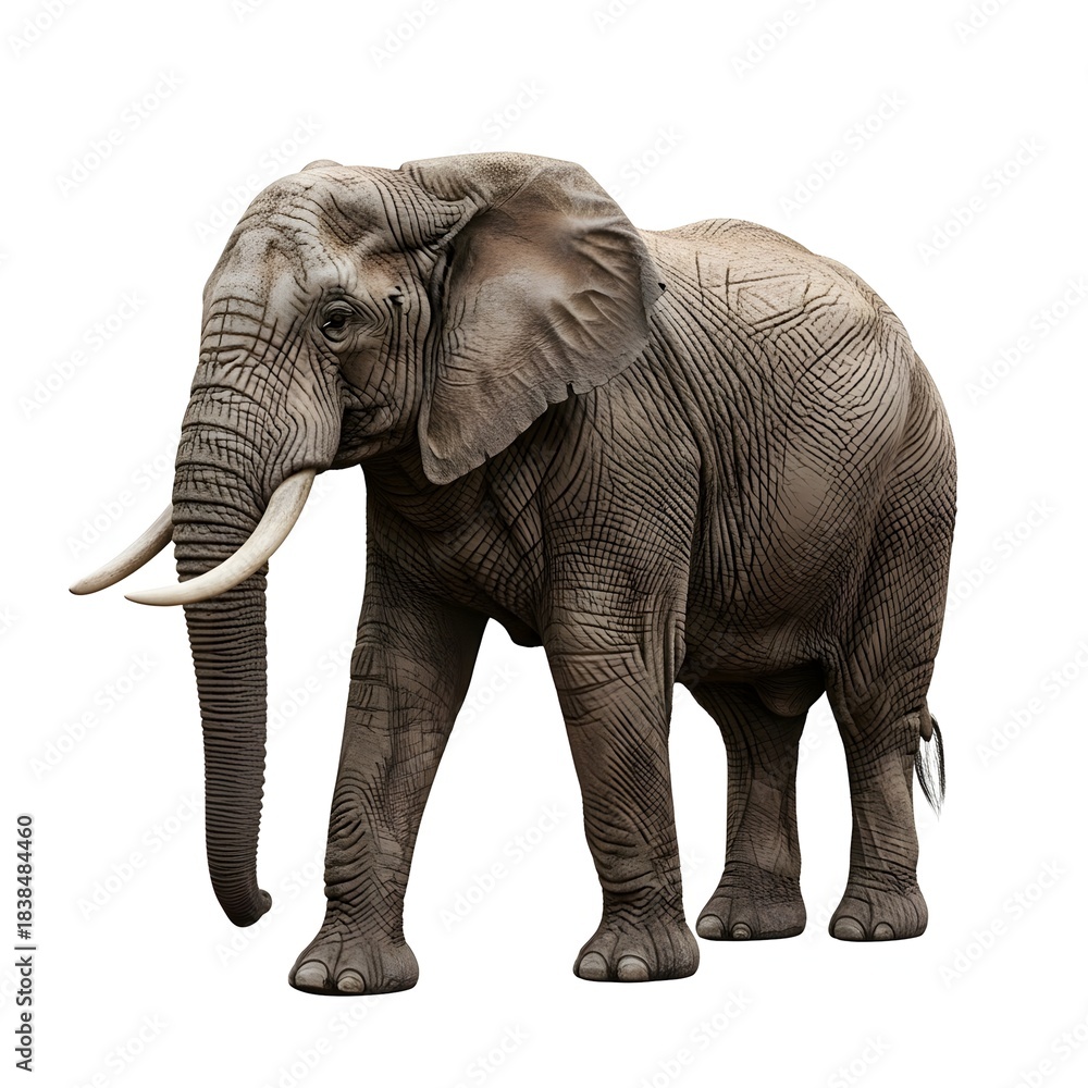 Fototapeta premium Large african elephant isolated on white background looking powerful and majestic a magnificent creature of the wild standing tall