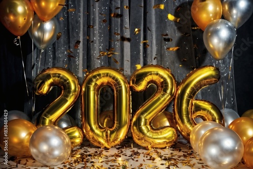 Festive New Year scene featuring large golden balloon numbers forming “2026,” surrounded by gold and silver balloons and falling confetti. The dark backdrop and shimmering details create a celebratory