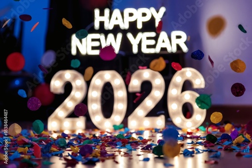 Festive New Year celebration setup featuring large illuminated “2026” numbers