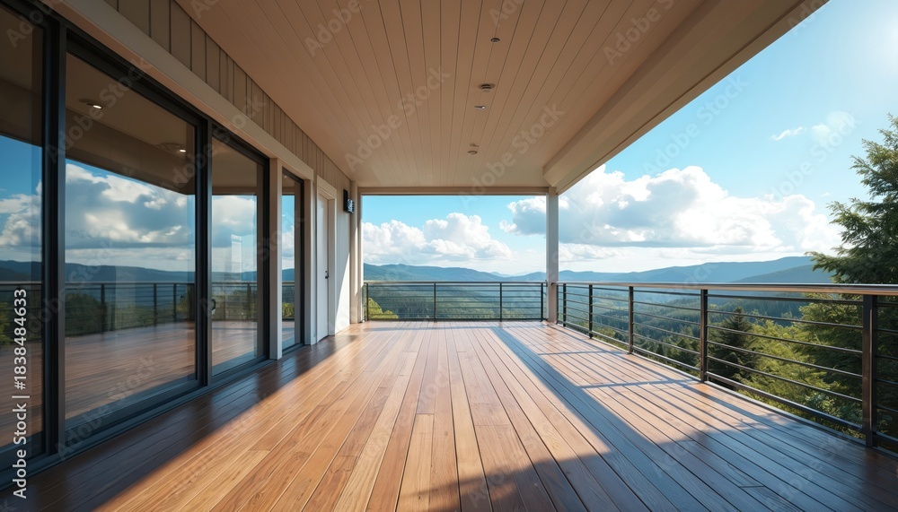 Obraz premium Spacious wooden deck with metal railing offers mountain views. Large glass doors reflect blue sky with clouds. A perfect spot for relaxation and enjoying nature beauty from home.