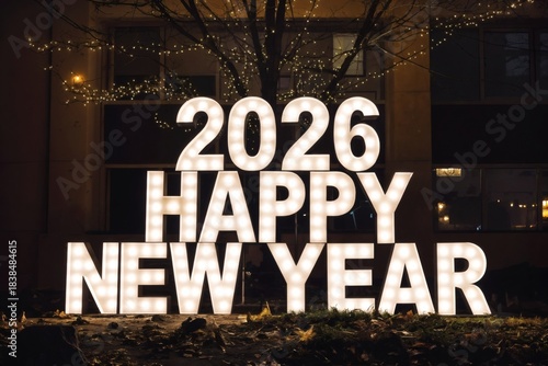 Festive New Year celebration setup featuring large illuminated “2026” numbers