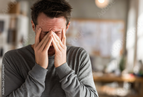 Distressed man with a headache or stress, hands covering his face and eyes, wearing a gray shirt in a soft-focus office background, medium shot.