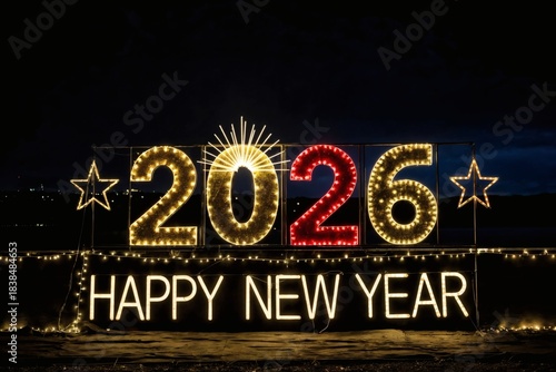 Festive New Year celebration setup featuring large illuminated “2026” numbers